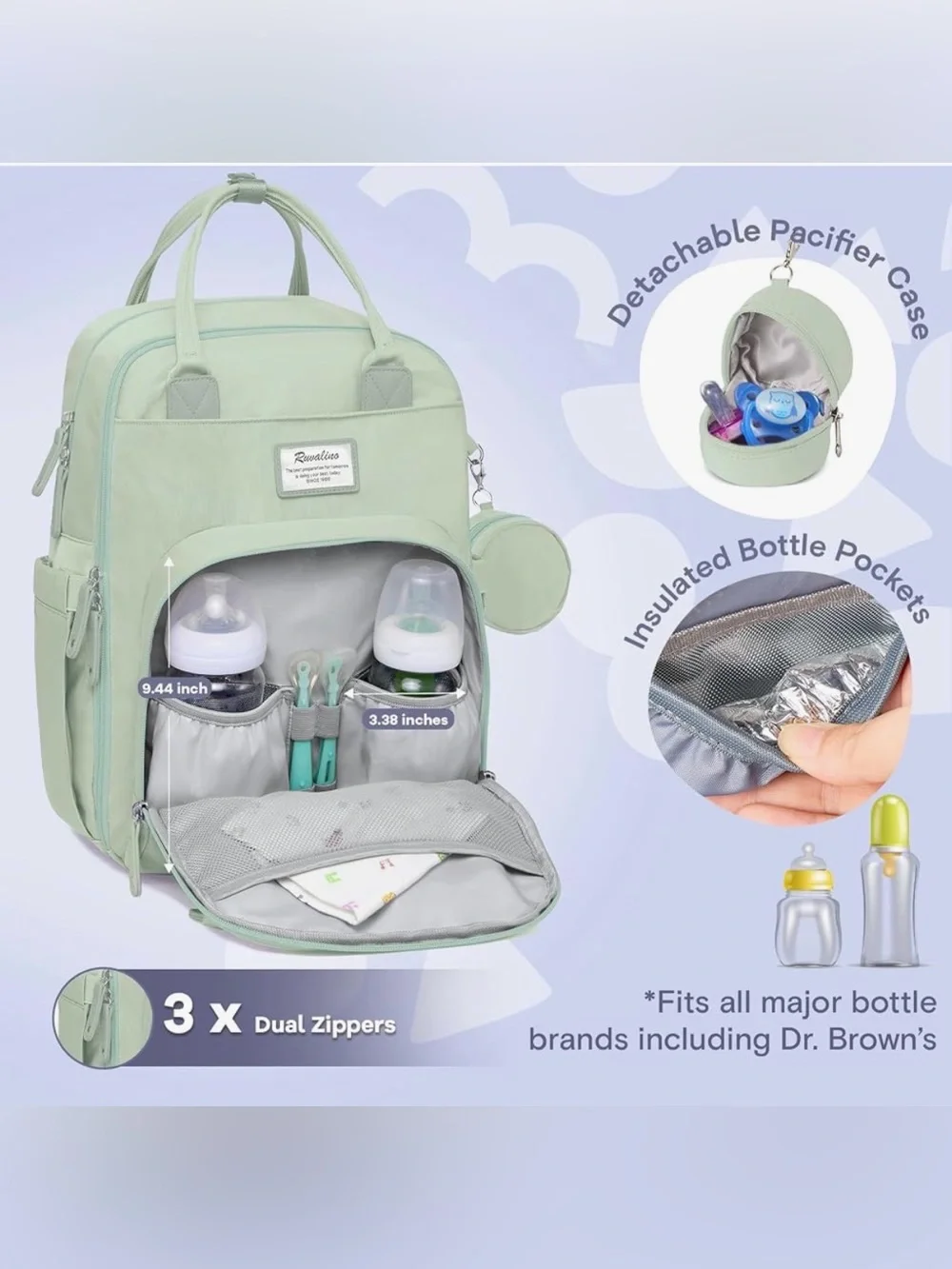 NWT - Ruvalino -  Mint Green Baby Diaper Backpack